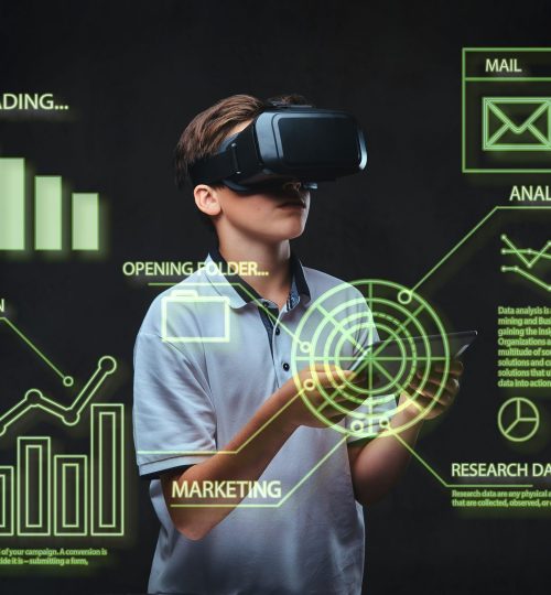 teenager using virtual reality glasses with graph charts, numbers, lines.